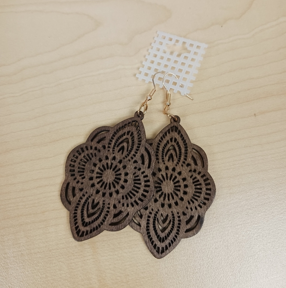 Laser Cut Wooden Lace Earrings Boho Dangle Jewelry Filigree Dark Wood
